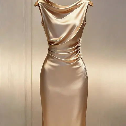French Luxury Chic Champagne Satin Pearl Fitted Dress, V-Neck Waist-Cinch A-Line Midi Dress, Perfect for Formal Wear, Birthday Parties, Vacations, Elegant Gatherings