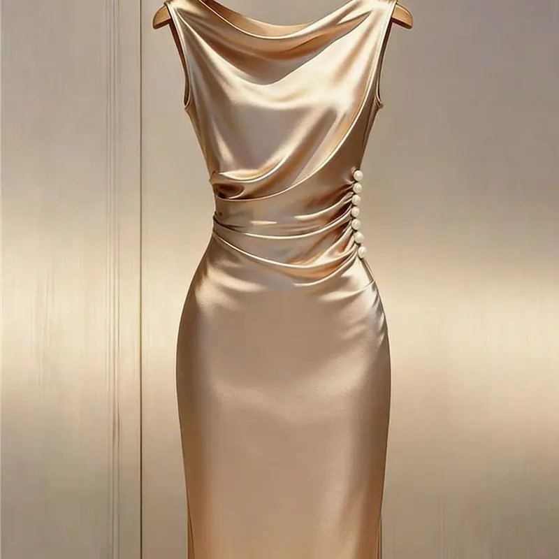 French Luxury Chic Champagne Satin Pearl Fitted Dress, V-Neck Waist-Cinch A-Line Midi Dress, Perfect for Formal Wear, Birthday Parties, Vacations, Elegant Gatherings