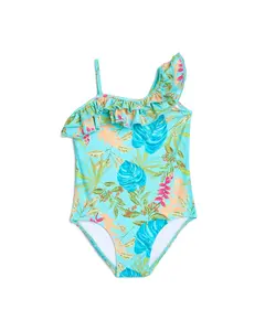GIRLS ONE-SHOULDER TROPICALIA PRINT SWIMSUIT