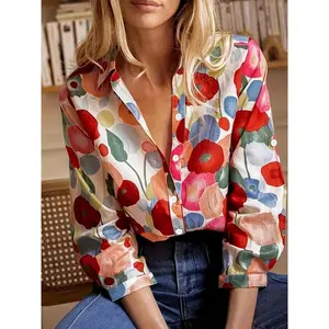 Women's All Over Floral Print Button Front Blouse, Boho Fashion Long Sleeve Collared Shirt for Daily Wear, Women's Clothing