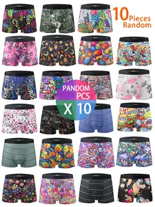 10-Pcs Men's Casual Boxer Briefs, Menswear, Geometric Pattern Print, Slim-Fitting, Soft & Stretchy, All-Season Wear, Trendy Underwear Set