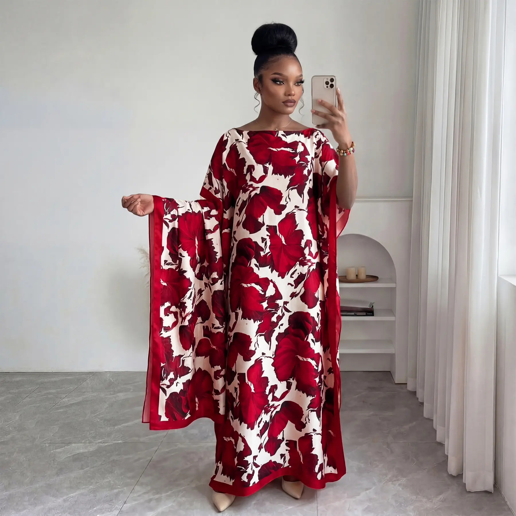 Bohemian Silky Floral Print Kaftan Two Piece Set, Oversized Batwing Long Caftan Dress with Matching Scarf, Elegant Outfit for Summer Travel, Brunch & Date Night