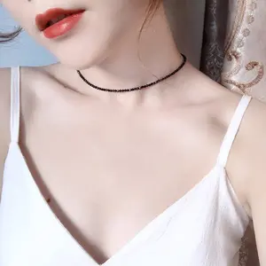 JEWEL4U - 2mm Bead Necklaces for Women Black Glass Crystal with 925 Sterling Silver Chain  Accessories for Choker Jewelry  Party