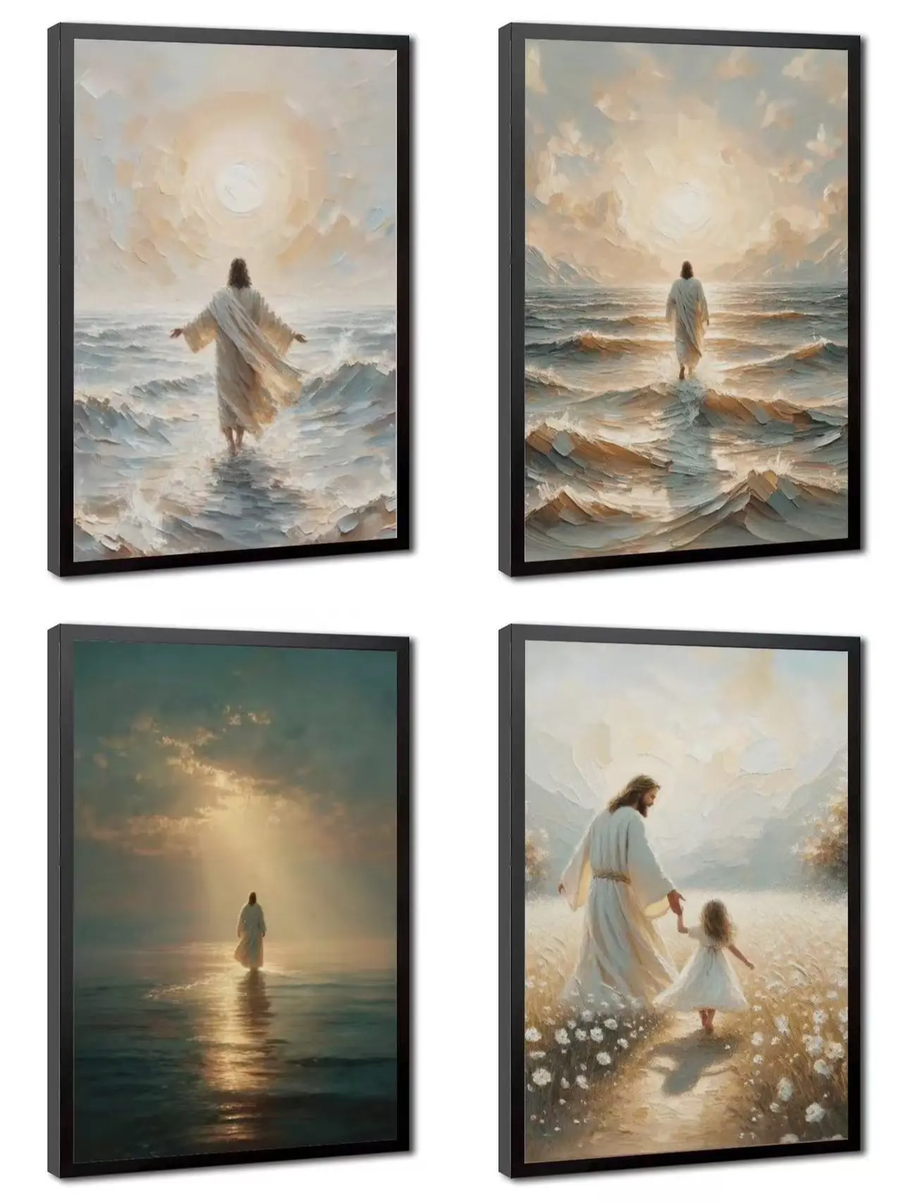Minimalist Jesus Walking on Water Christian Canvas Wall Art Print - Inspirational Wall Picture Decor, Farmhouse Soft Neutral Coastal Painting, Home & Prayer Room Decoration, Inspirational Wall Art