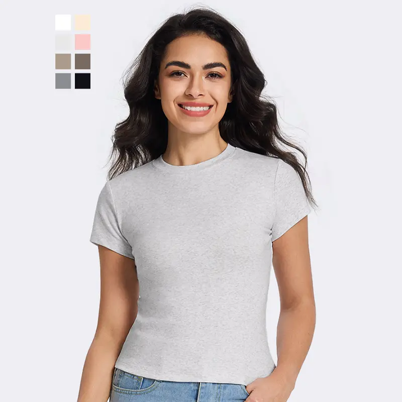 MIDMX Women's Chic Slim-Fit Cotton T-Shirt - Seamless Preppy Round Neck, Curve-Enhancing Top for Casual Wear & Workout