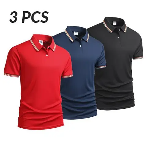 Men's 3-Pack Menswear Plain Short-Sleeve Collared Polo Shirts, Striped Trim Slim-Fit Tops for Casual Wear