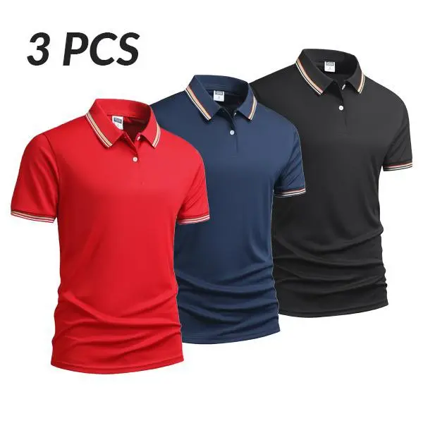 Men's 3-Pack Menswear Plain Short-Sleeve Collared Polo Shirts, Striped Trim Slim-Fit Tops for Casual Wear