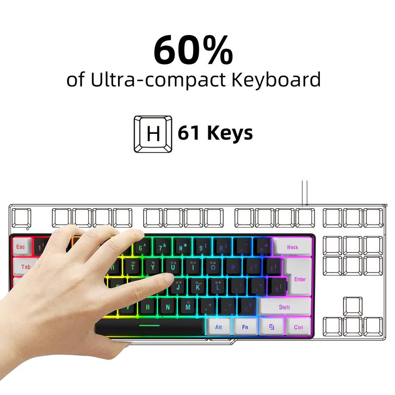 Keyboard and Mouse Combo Set, 61-Key Slim Membrane RGB Backlit Keyboard with Dual-Color Injection Keycaps and Optical Mouse, USB Plug-and-Play