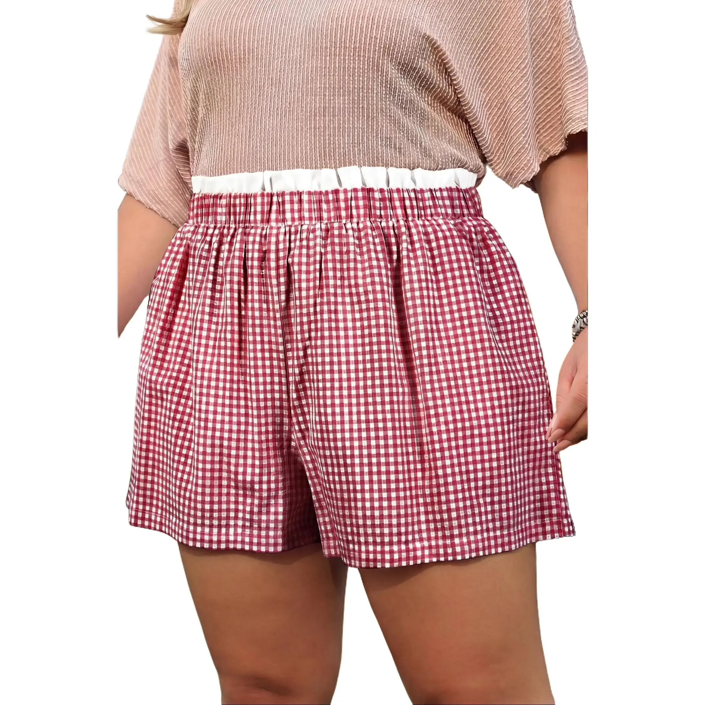 Women's Plus Size Plaid Print Shorts with Red Contrast Trim, Casual Plaid Elastic Shorts, Casual Shorts