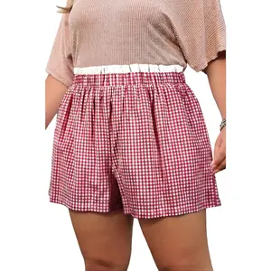 Women's Plus Size Plaid Print Shorts with Red Contrast Trim, Casual Plaid Elastic Shorts, Casual Shorts