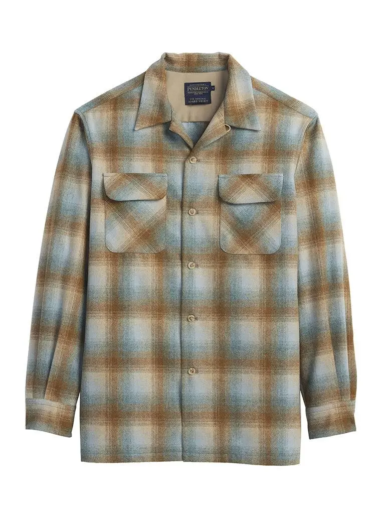 Pendleton Men's Long Sleeve Board Shirt in Camel-Blue Ombre, Water-Resistant & Machine-Washable Virgin Wool Fabric, Top