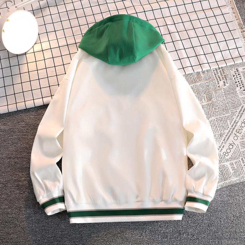 A hooded letter jacket, featuring a casual and simple style. The hooded design is sleek and elegant, while the overall design is practical and versatile. The letter embroidery adds a touch of sophistication, and the striped accent at the cuffs completes t