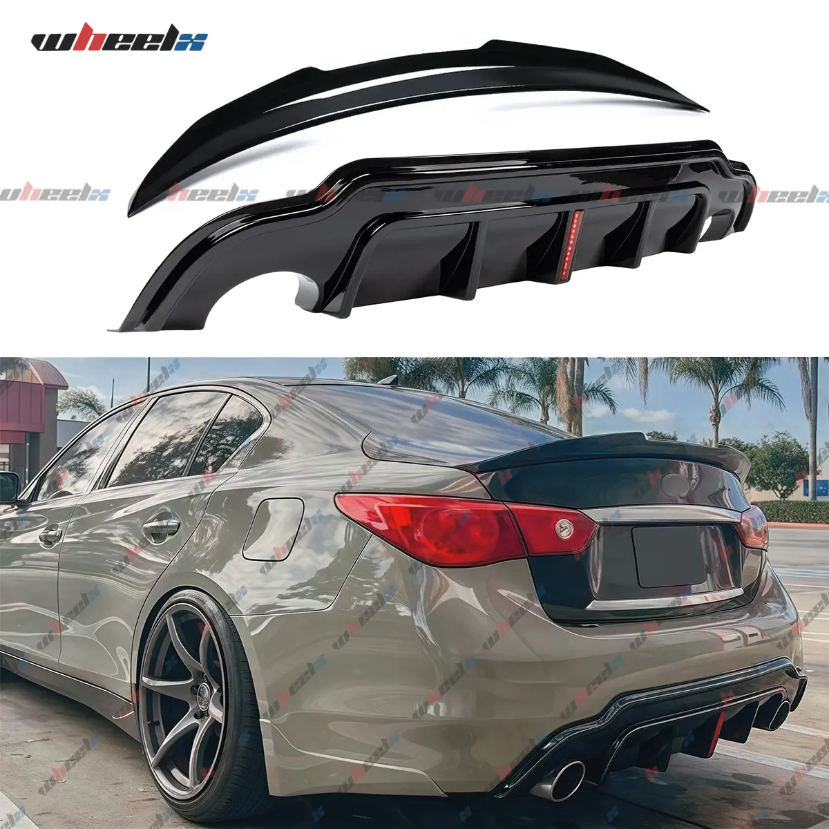 2014-2024 Infiniti Q50 All Models | Rear Bumper Diffuser & Spoiler 2-Piece Kit (w/LED Brake Light) , Car Rear Spoiler