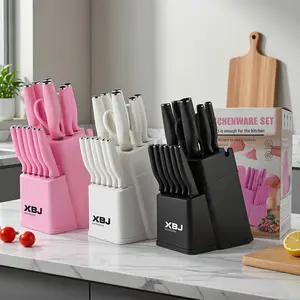 Spring 2026 Hot Seller | 14-Piece Kitchen Knife Set: Made of high-carbon stainless steel, includes sharp serrated steak knives, chef's knife, bread knife, and scissors. White cutlery set, pastel-themed kitchenware.