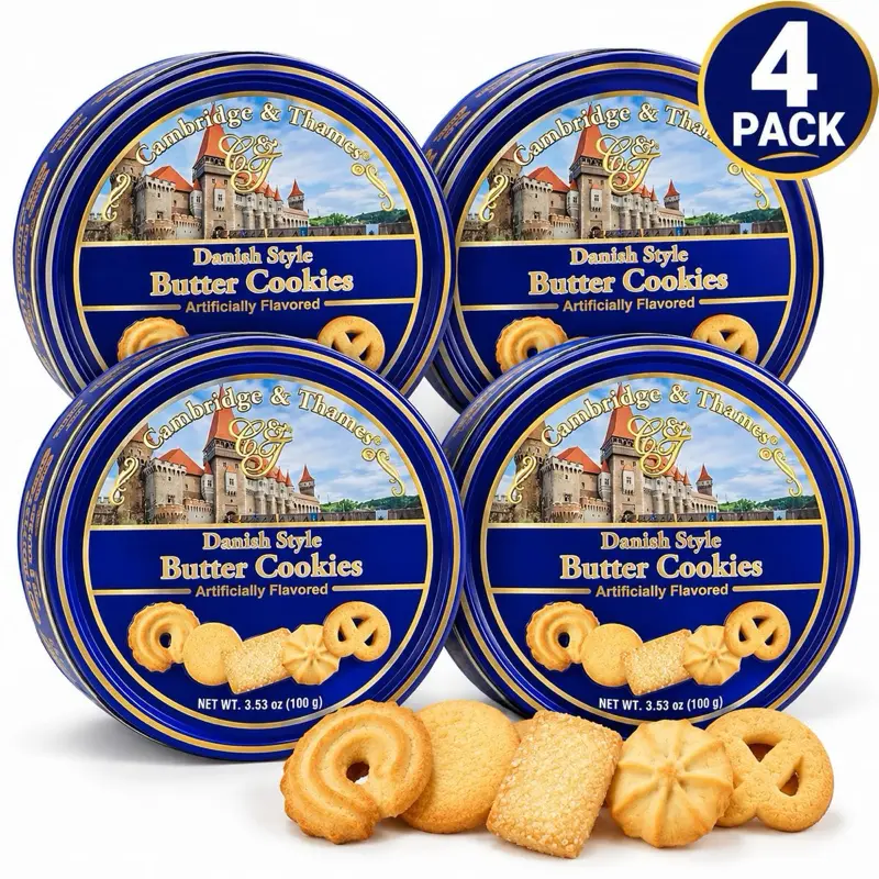 Cambridge & Thames Danish Style Butter Cookies – 4-Pack, 3.53 oz Tins