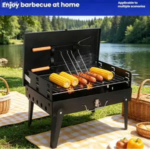Complete grill + spatula + fork + grate all in one set foldable portable charcoal grill, compact BBQ grill kit, small outdoor barbecue grill, lightweight camping grill, pull-out charcoal tray grill, #FoldableGrill #CharcoalGrill #CampingGrill