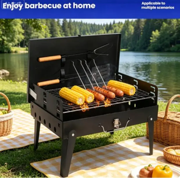 Portable Charcoal Grill, Foldable Steel BBQ Set with Pull-Out Ash Tray, Spatula & Fork, Lightweight Camping Accessories for Outdoor Picnics
