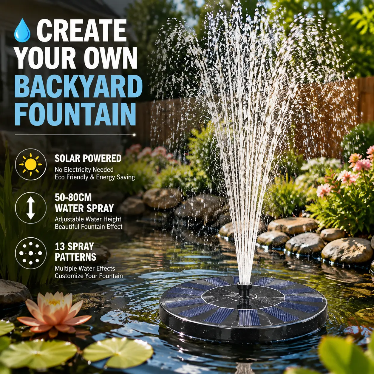 Solar Fountain Pump for Pond, 13 Nozzle Solar Water Fountain with 50-80cm Spray Height, Outdoor Floating Fountain Pump for Bird Bath, Garden, Fish Pond & Backyard Decor