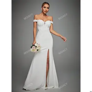 White Bustier Split Shoulder Off Thigh Wedding Dress Elegant Bridal