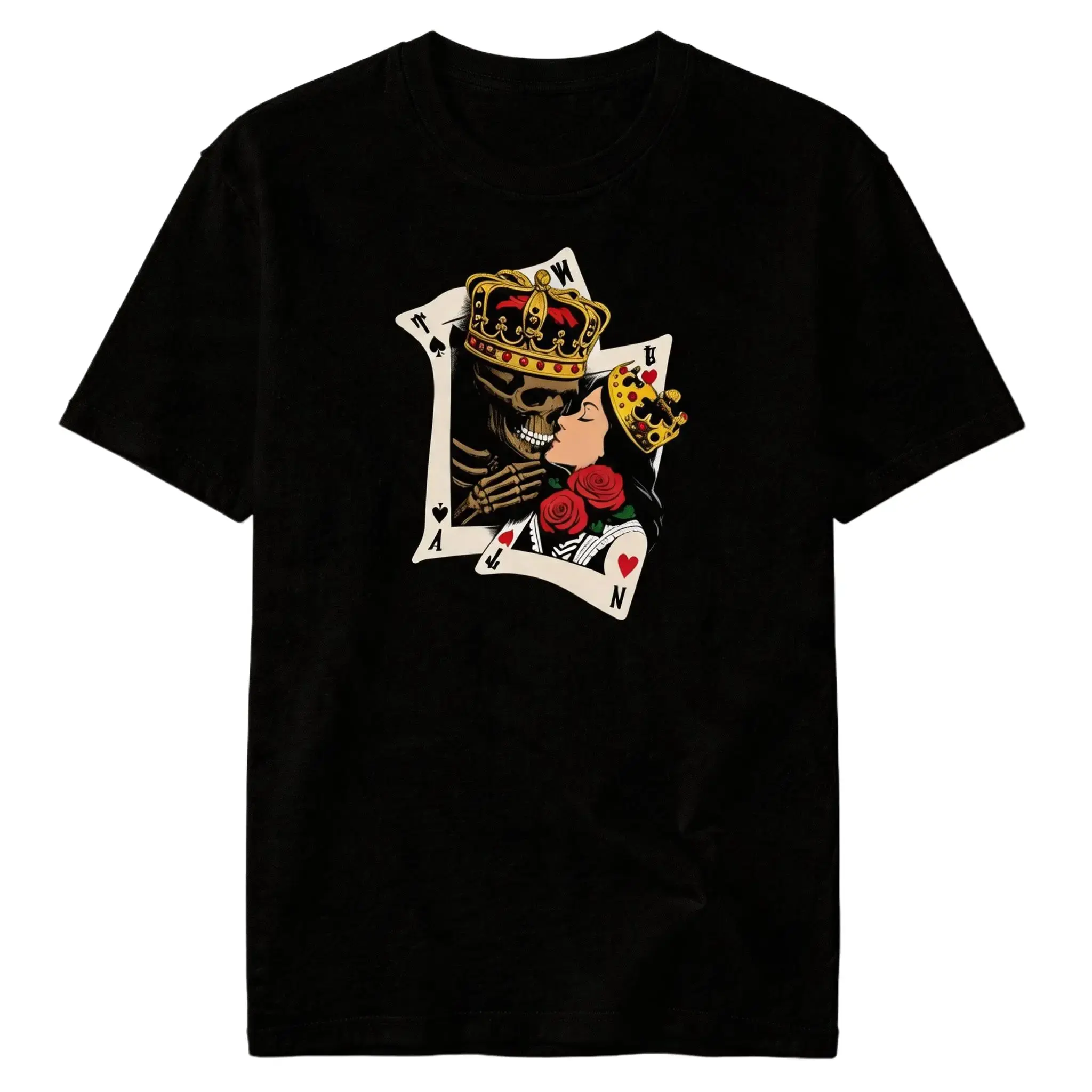 King & Queen Skull Graphic T-Shirt, Unisex Cotton Gothic Romance Card Art Tee, Streetwear Gift Shirt