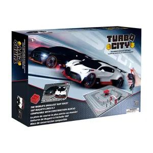 Turbo City Slot Car Track Set compatible with construction blocks. 2 Bugatti Cars 1:87 scale, 25 Track Pieces and 2 Stunt Jumps