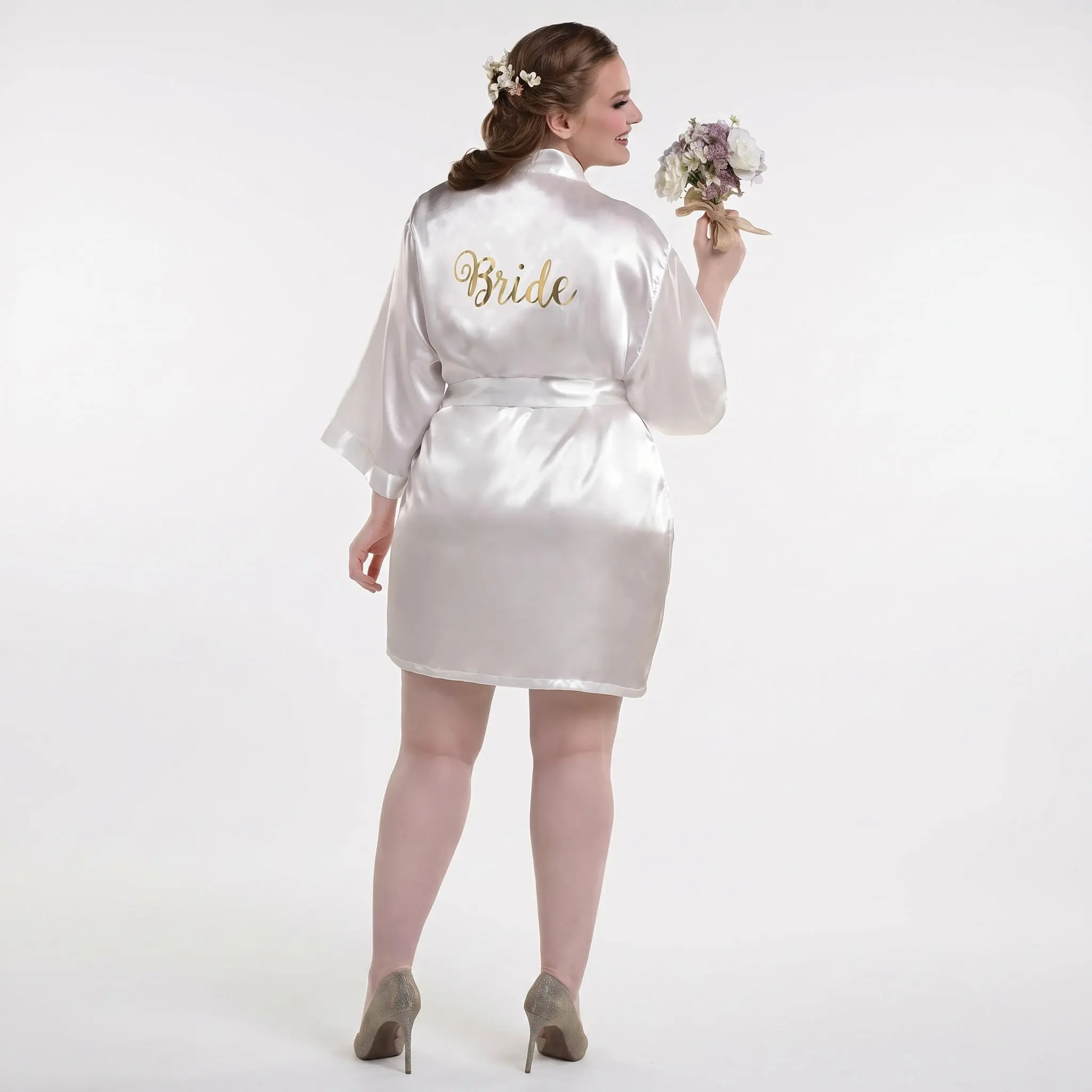 Elegant Plus Size "Bride" Satin Robe with Gold Accents