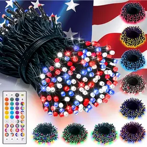 33Ft 100 LED Color Changing Christmas String Lights, 35 Colors 9 Modes Red White and Blue Lights Outdoor with Remote, 4th of July String Light Plug in Green Wire for Independence Day Xmas Tree