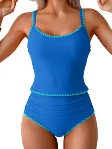 Eomenie Tankini Swimsuit for Women Tummy Control Ruched Two Piece Bathing Suits High Waisted Shell Stitch Swimwear