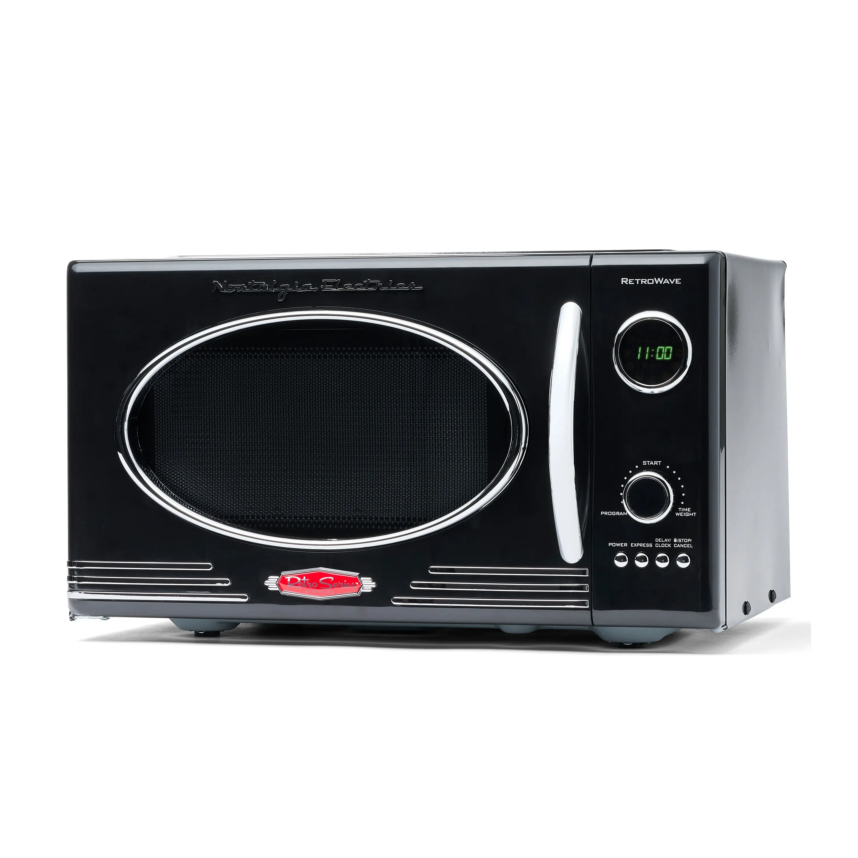 Nostalgia Black Retro Chrome Style Compact Countertop Microwave Oven - 0.9 Cu Ft, 800W Fast Heating, Even Heating Turntable, LED Display, Glass Carousel, Delay Timer, 12 Pre-Programmed Settings, Kitchen Appliances
