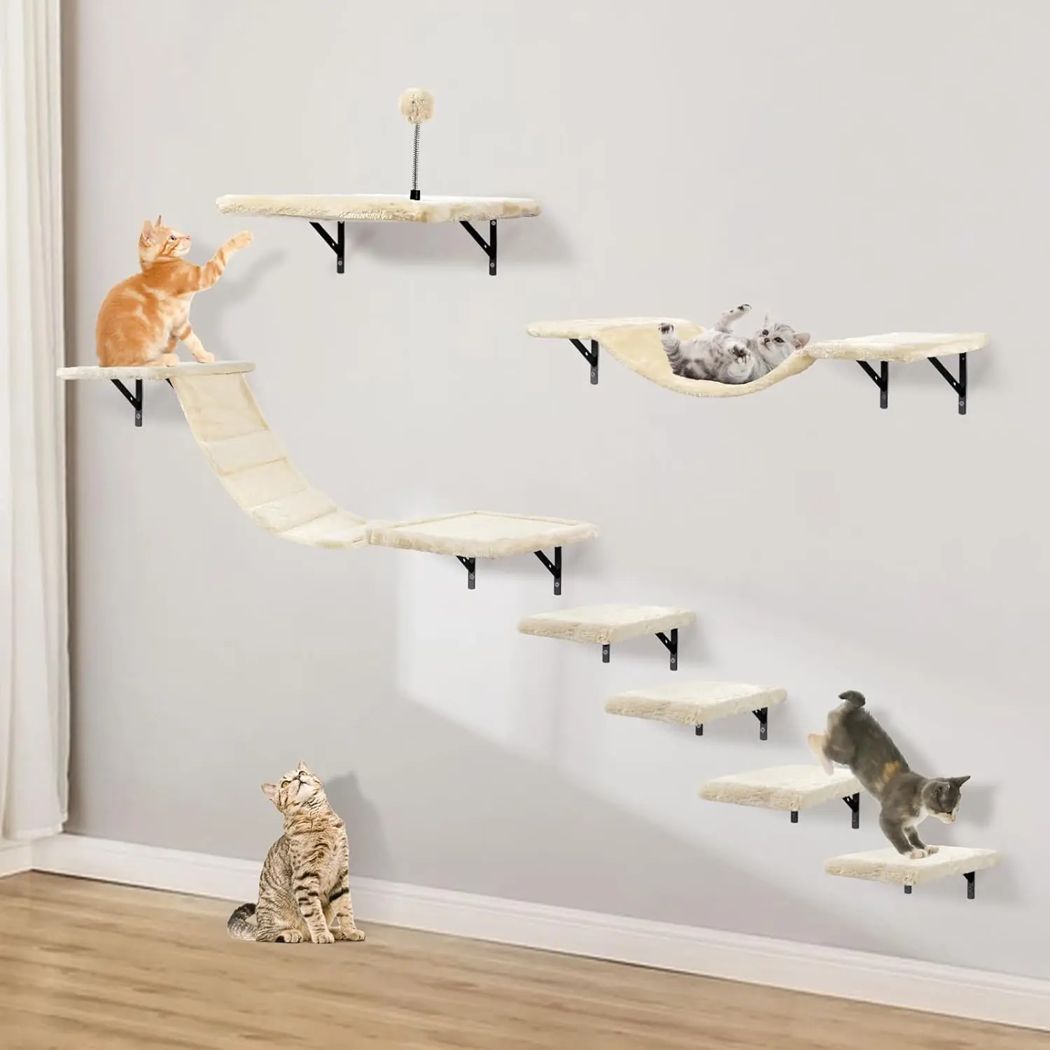 Wall-mounted cat climbing frame set, includes climbing frame, cat platform, cat bridge, hammock, scratching board, and cat toy ball - 7-piece wooden indoor cat furniture, suitable for kittens to play with (beige)