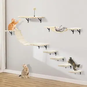 Wall-mounted cat climbing frame set, includes climbing frame, cat platform, cat bridge, hammock, scratching board, and cat toy ball - 7-piece wooden indoor cat furniture, suitable for kittens to play with (beige)