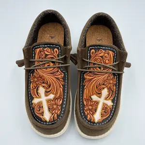 Double R Western Tooled Leather Shoes (Brown-Cross)