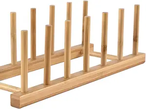 Bamboo Wooden Dish Rack, Vertical Plate & Lid Organizer for Kitchen Cabinet or Countertop, Drying Stand for Dishes, Cutting Boards