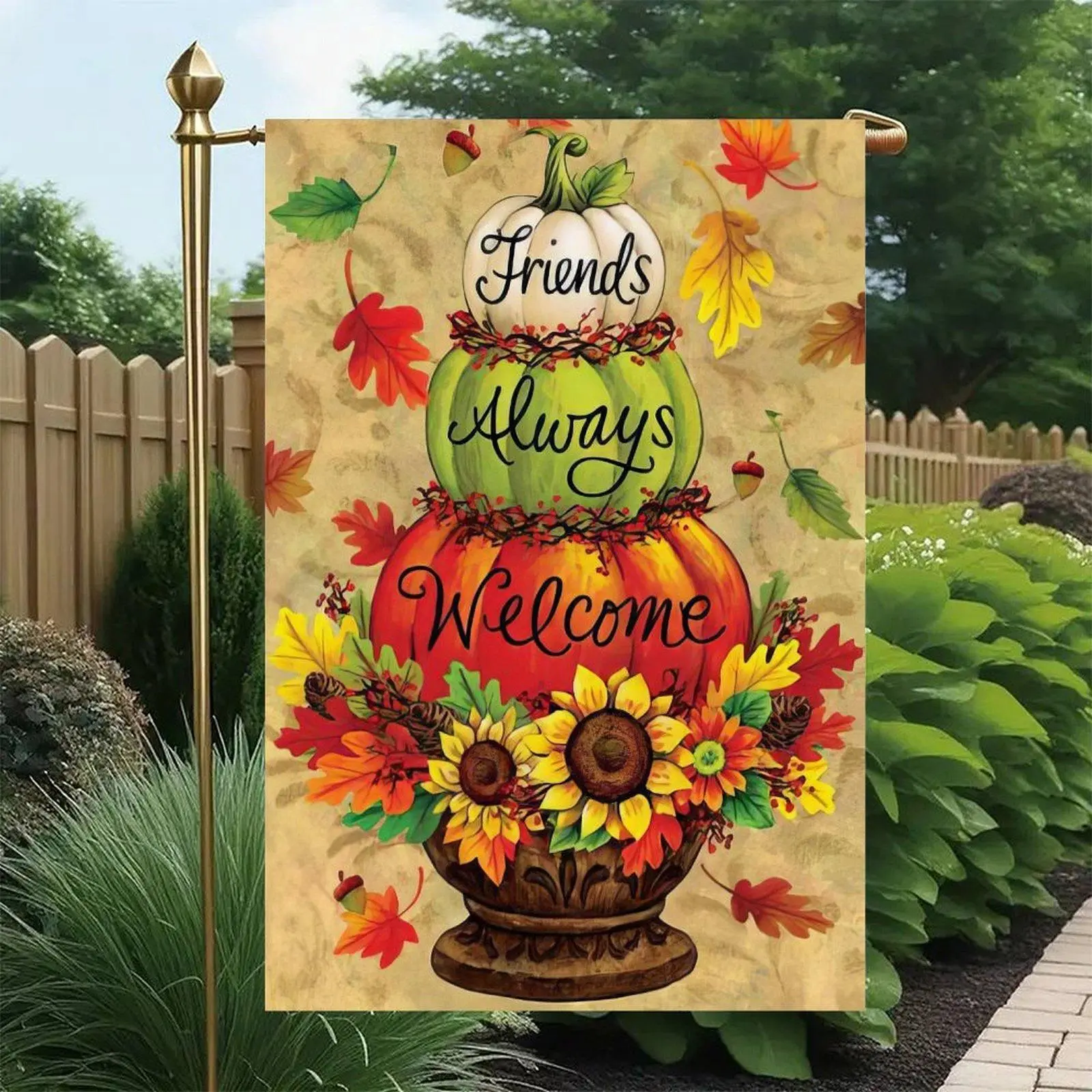 Friends Always Welcome Stacked Pumpkin Sunflower Maple Leaf Fall Autumn Harvest Thanksgiving Garden Flag Double-Sided 12x18in, Seasonal Fall Welcome Porch Lawn Sign