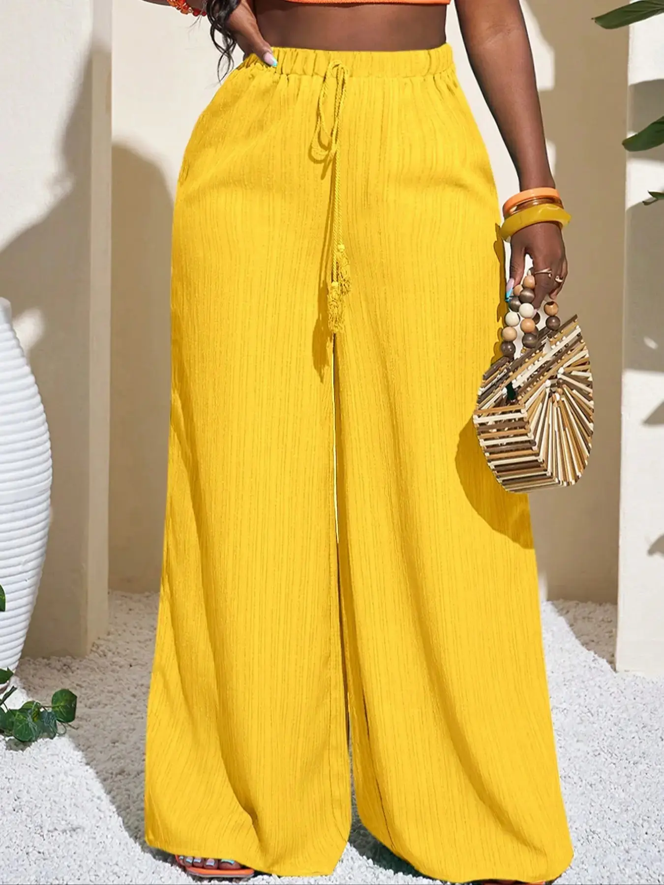Plus Size Women's Solid Color Woven Wide-Leg Pants, Casual High-Waist Baggy Loose-Fit Trousers for All-Season Wear