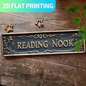 2D Flat, 1pc Vintage "READING NOOK" Metal Wall Sign - Ornate Golden Lettering on Dark Blue-Green, 15.7x3.9 Inch Rustic Farmhouse Decor, Pre-Drilled Aluminum Plaque for Home, Porch, Kitchen, Library - Easy to Hang, Unique Gift for Book Lovers, 2D Flat