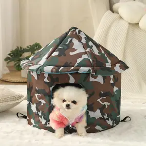 Cat House Weatherproof Insulated Foldable Outdoor/Indoor Pet Cave Shelter with Transparent Curtain & Tent Stakes Anti-Slip Removable Yurt Tent for Stray Feral Cats Dogs Puppy Bunny Camouflage Green Winter Warm House