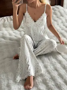 MONASWEET Womens Floral Lace Trim Wide Leg Pajama Set Romantic Sleepwear Cottagecore Vibe