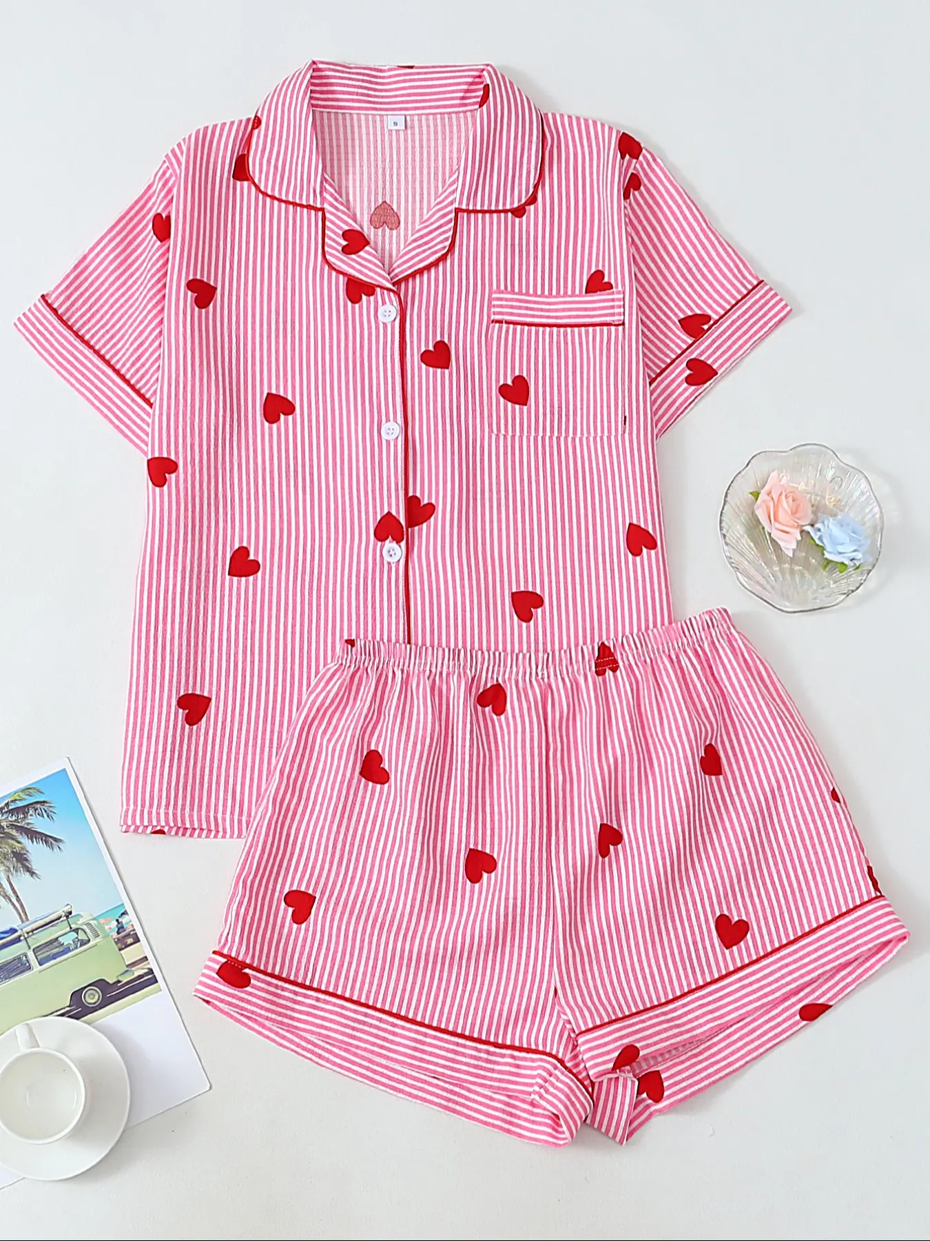 Valentine Striped Heart Print Short Sleeve Shorts Set, Pajama Set, Cute Sleepwear, All Seasons Home Wear, Adorable Loungewear