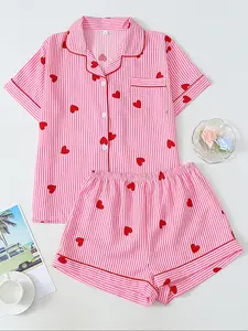 Valentine Striped Heart Print Short Sleeve Shorts Set, Cute Sleepwear, All Seasons Home Wear, Adorable Loungewear