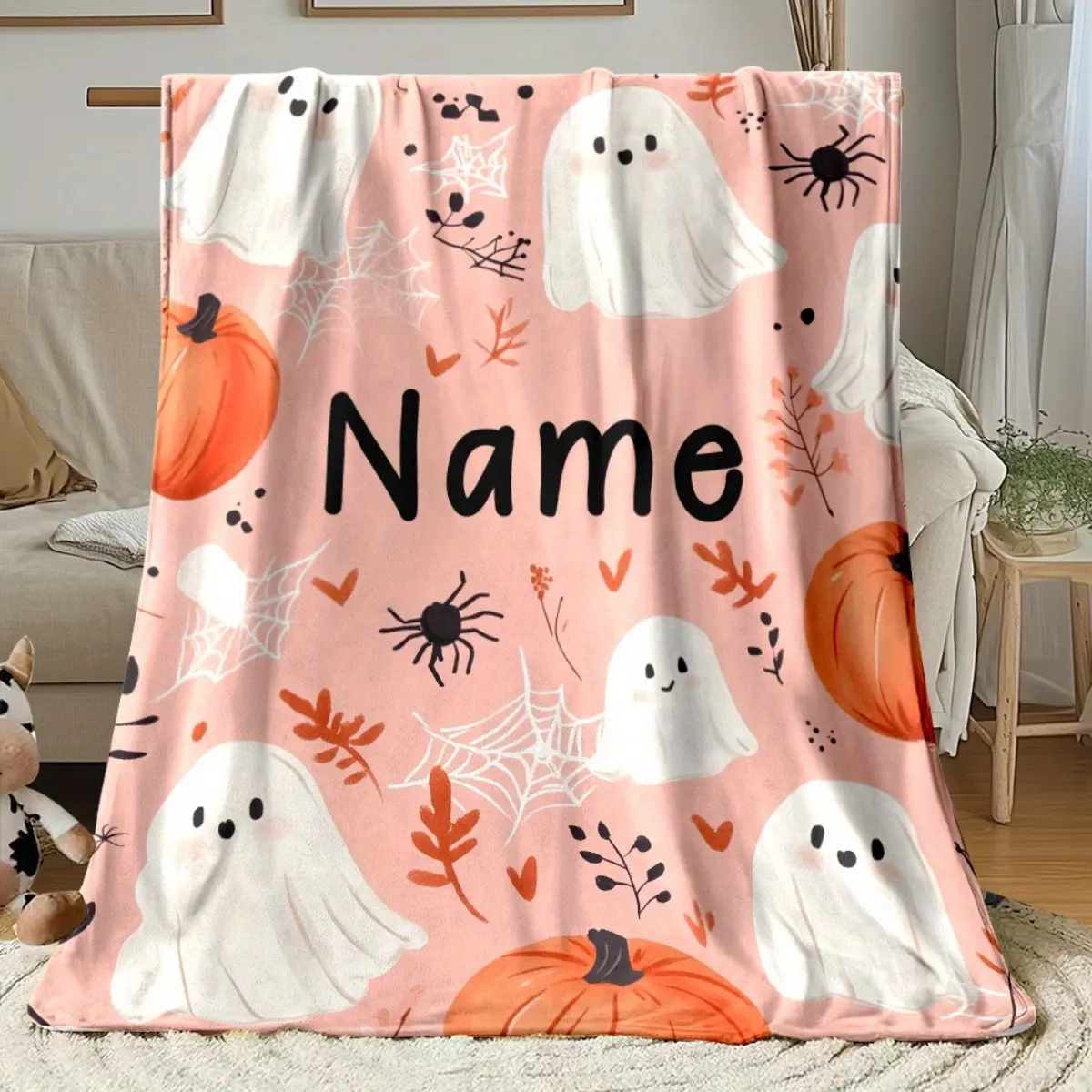 Custom Pink Halloween Ghost Throw Blanket, Ultra-Soft Fleece Fabric, All-Season Cozy Blanket for Sofa, Bed, Office, Camping, Travel, Nap, and Everyday Use – Personalized Name Cute Ghost & Pumpkin Art Design, Perfect for Gifting or Adding a Spooky Pastel T