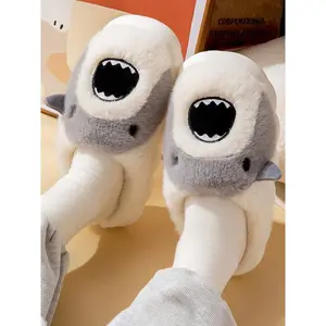 Cartoon Shark Couple Slippers, Thick Sole Warm Comfortable White Winter Shoes, Cute Design for Men & Women, Perfect for Home Wear