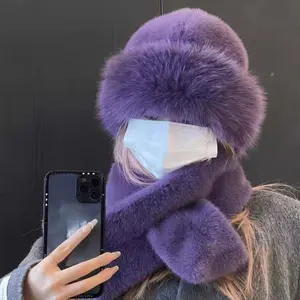 Plush Warm Cap Scarf Women Fashion Faux Fur Winter Hat Scarf Set Windproof Thick Neck Warmer Solid Color Ear Protection Hat