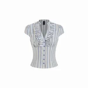 Cider Linen-blend V-neck Striped Ruffled Blouse
