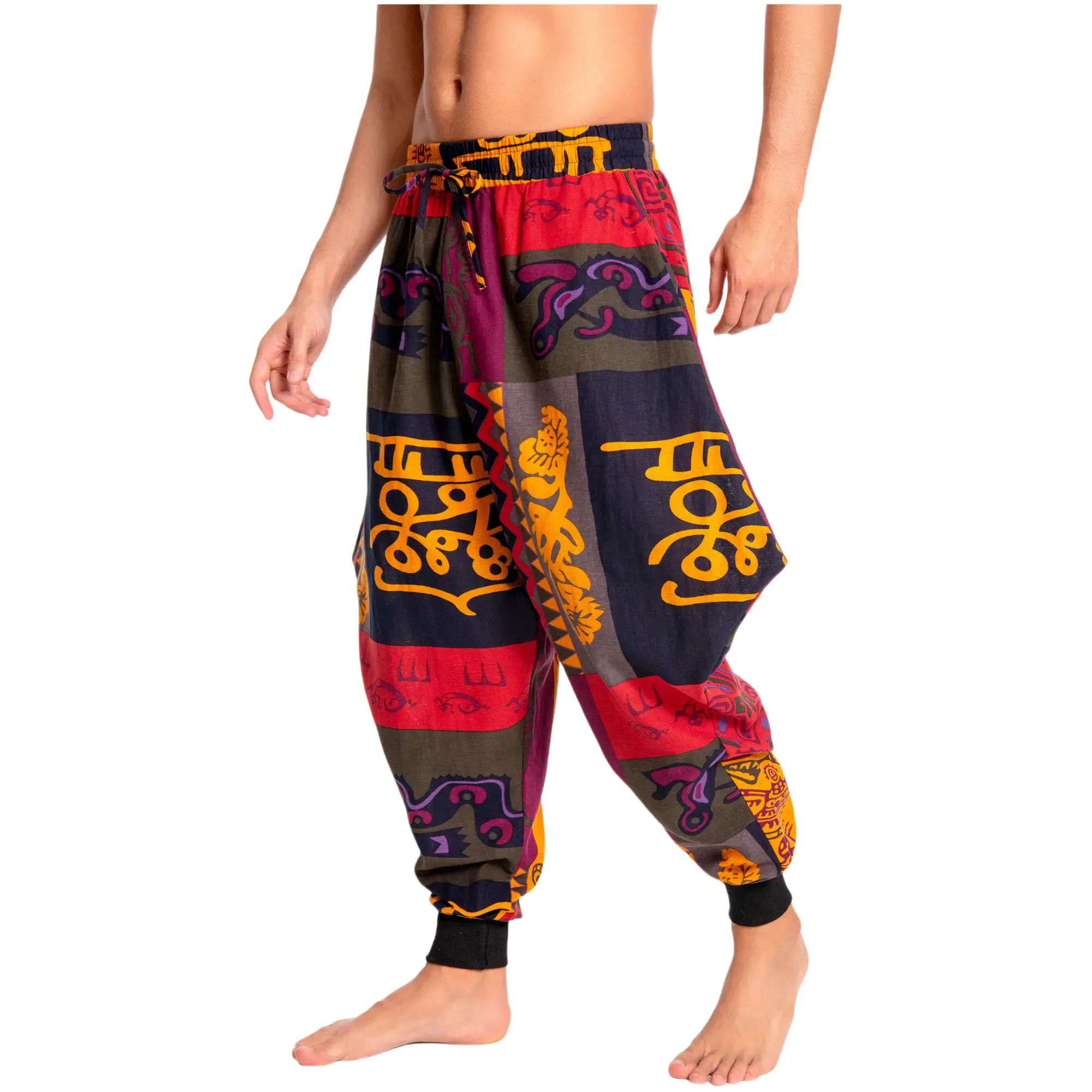 JUNBAOSS Men's Drawstring Aladdin Hippie Harem Pants Loose Fit Drop Crotch Trousers Casual Baggy Elastic Waist Trousers Super Soft Linen Cotton Boho Y