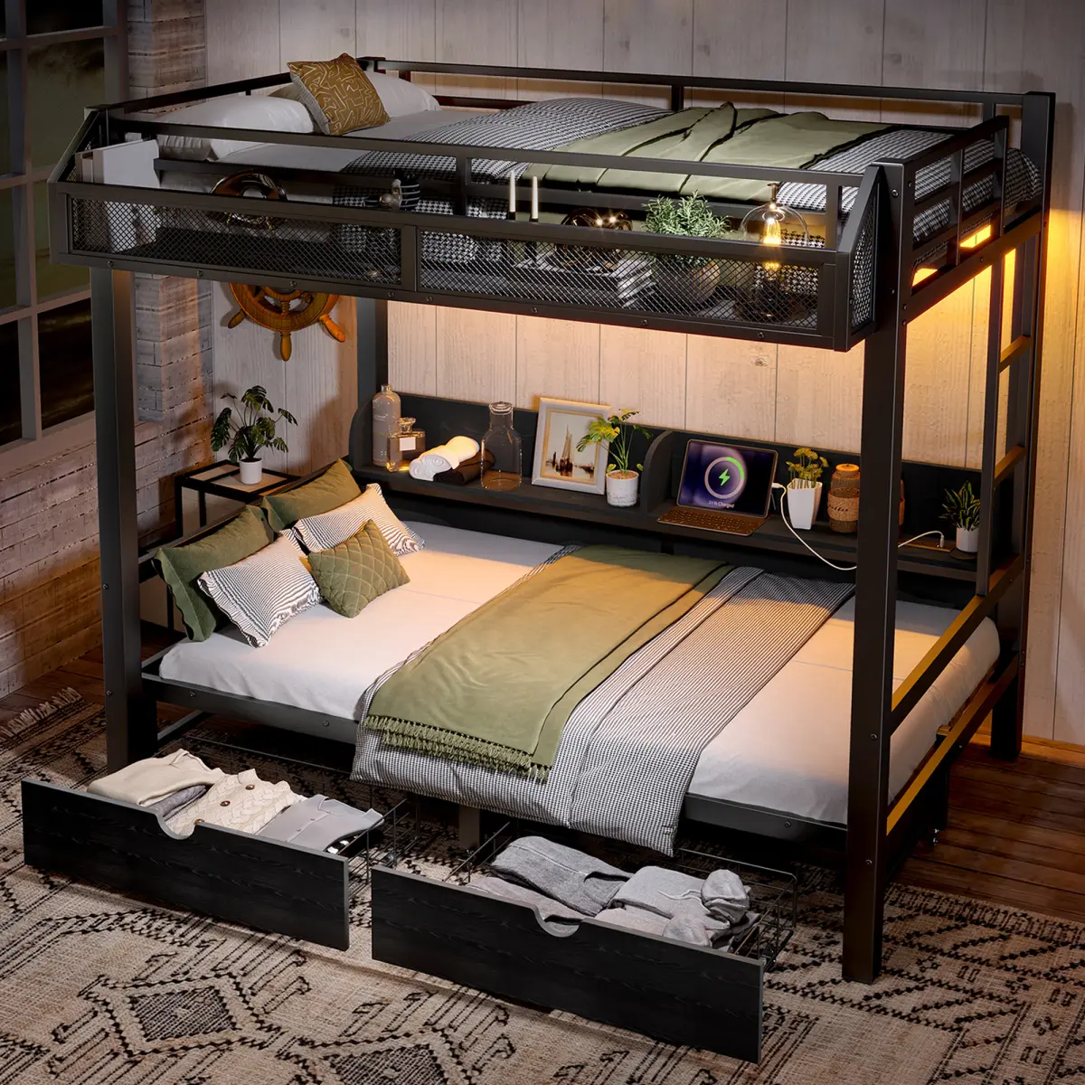 Bunk Bed Twin over Twin Heavy-Duty Metal Frame with Storage Shelves and Drawers,Multifunctional Bunk Beds with USB Ports and LED Lights, Lower Bed that can be converted into a sofa, Black