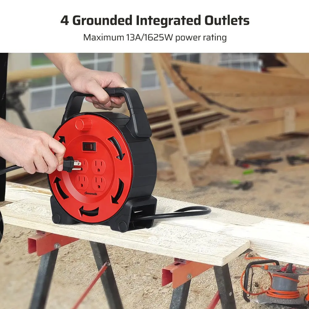 DEWENWILS Tangle-Free Easy Winding Flat Extension Cord Reel, 30ft 16/3 Gauge SJTW Black Cable, 13A/125V/1625W, 4 3-Prong Outlets, Circuit Breakers, LED Power Switch, 3.12 lbs, Indoor/Outdoor Home Improvement Electrical Supply
