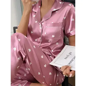 Valentine's Day Women's Satin Sleepwear Set, Heart Pattern Top & Contrast Color Pants, Comfortable Night Home Wear Gift Choice