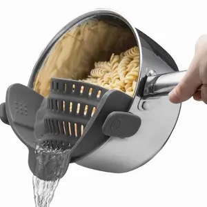Snap N Strain Pasta Strainer for Pots Pans and Bowls Adjustable Silicone Colander with Clip for Kitchen Use Gray