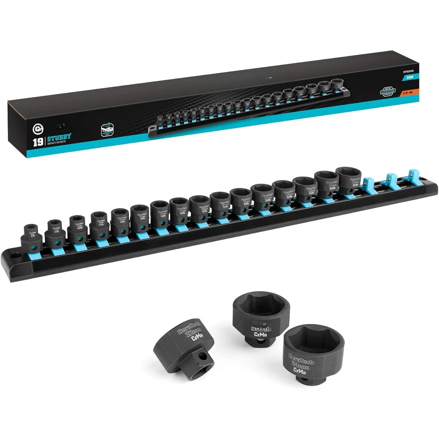19-Piece 3/8" Drive Stubby Metric Impact Socket Set, Low Profile, 6-24mm Sizes, Cr-Mo Steel Construction, Organized on a Storage Rail, 19-Pieces